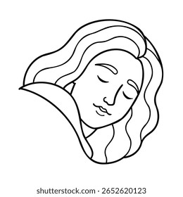 Handdrawn a woman's face with closed eyes flowing hair in lines on vector