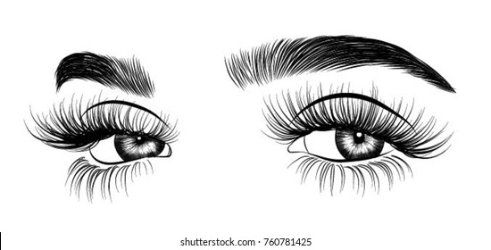 Hand-drawn woman's fresh luxurious eye with perfectly shaped eyebrows and full long  lashes. Idea for business visit card, typography vector.Perfect salon look.Print for t-shirt