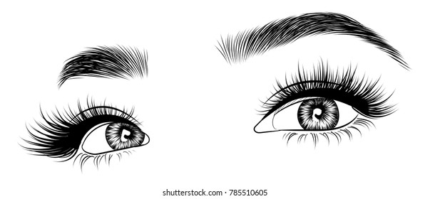 Hand-drawn woman's fresh luxurious eye with perfectly shaped eyebrows and full lashes. Idea for business visit card, typography vector. Perfect salon look.