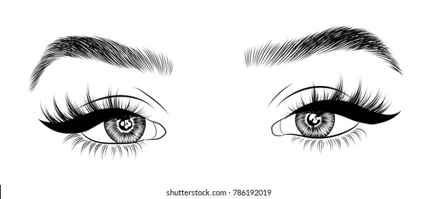 Hand-drawn woman's fresh luxurious eye with perfectly shaped eyebrows and full lashes. Idea for business visit card, typography vector. Perfect salon look.