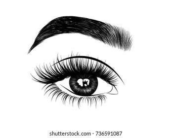 Hand-drawn woman's fresh makeup look with perfectly perfectly shaped eyebrows and extra full lashes. Idea for business visit card, typography vector.Perfect salon look