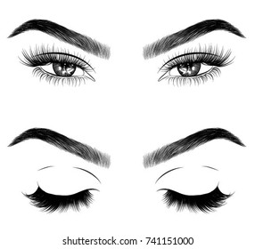 Hand-drawn woman's fresh makeup look with perfectly perfectly shaped eyebrows and extra full lashes. Idea for business visit card, typography vector.Perfect salon look