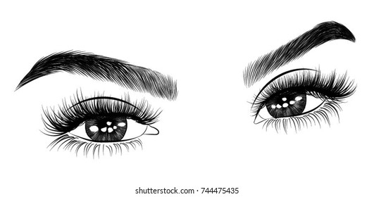 Hand-drawn woman's fresh makeup look with perfectly perfectly shaped eyebrows and extra full lashes. Idea for business visit card, typography vector.Perfect salon look