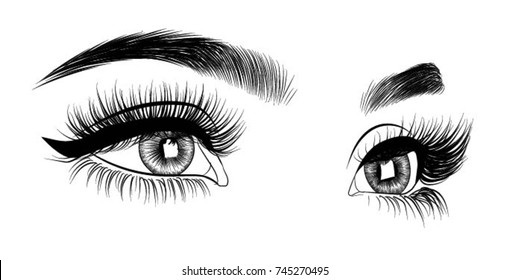 Hand-drawn woman's fresh makeup look with perfectly perfectly shaped eyebrows and extra full lashes. Idea for business visit card, typography vector.Perfect salon look