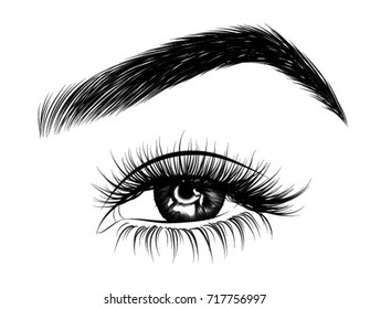 Hand-drawn woman's fresh no-makeup look with perfectly shaped eyebrows and full lashes. Idea for business visit card, typography vector.Perfect salon look