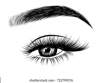 Hand-drawn woman's fresh no-makeup look with perfectly shaped eyebrows and full lashes. Idea for business visit card, typography vector.Perfect salon look