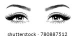 Hand-drawn woman's sexy luxurious eye with perfectly shaped eyebrows and full lashes. Idea for business visit card, typography vector. Perfect salon look.