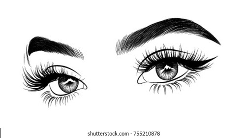 Hand-drawn woman's sexy luxurious eye with perfectly shaped eyebrows and full lashes. Idea for business visit card, typography vector.Perfect salon look.