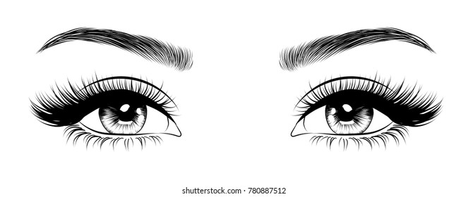 Hand-drawn Woman's Sexy Luxurious Eye With Perfectly Shaped Eyebrows And Full Lashes. Idea For Business Visit Card, Typography Vector. Perfect Salon Look.