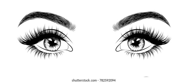 Handgezeichnetes luxuriöses Auge mit perfekt geformten Augenbrauen und vollen Wimpern. Idee für Visitenkarte, Typografie-Vektorgrafik. Perfekter Salonausdruck.