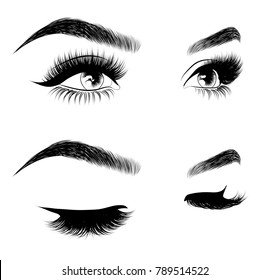 Hand-drawn Woman's Sexy Luxurious Eye With Perfectly Shaped Eyebrows And Full Lashes. Idea For Business Visit Card, Typography Vector. Perfect Salon Look.