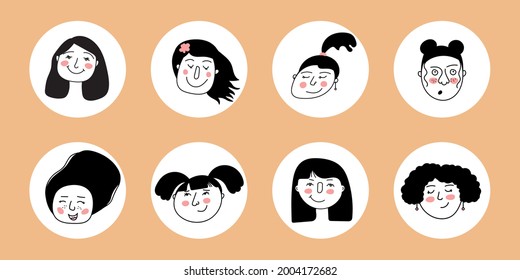 Hand-drawn women and men round icons set. Avatars people with different emotions. Doodle, minimnalism. Isolated. Vector illustration