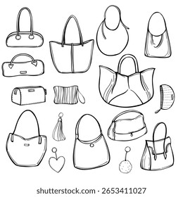 Hand-drawn women's bags. Vector sketch  illustration.