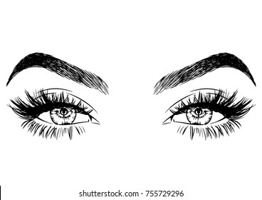 Hand-drawn women's makeup look with eyebrows and extra full lashes