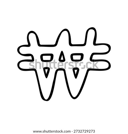 Hand-drawn won currency symbol doodle in playful rounded style, black outline of the krw money sign with small cutout details, minimalist lineart vector icon for Korean finance apps, banking and budgeting design