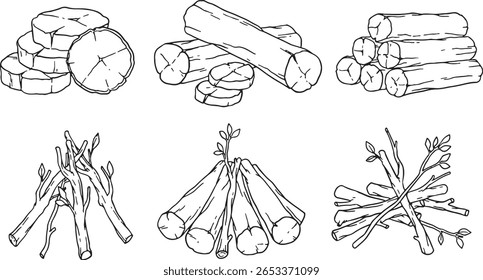 elementos de madeira desenhados à mão, incluindo toras, tocos de árvores, lenha cortada, arenque, tábuas e uma cerca de madeira. Perfeito para projetos relacionados à natureza, camping, construção, silvicultura, aquecimento.