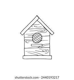 A hand-drawn wooden birdhouse. Simple line illustration isolated on white background.