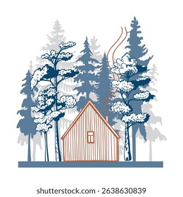 Hand-drawn wooden house in the forest.  Vector sketch  illustration.