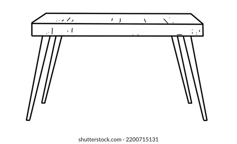 Mesa de madera dibujada a mano sobre cuatro patas en forma de doodle, boceto en blanco y negro. Ilustración del vector