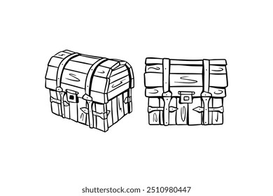 Hand-drawn wooden treasure chests illustration. Vector icon design.