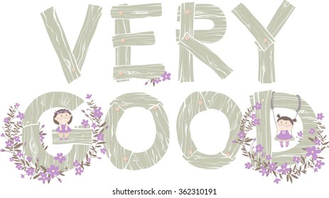 Hand-drawn wooden Very good with little girls sitting on letters G, D and spring flowers.