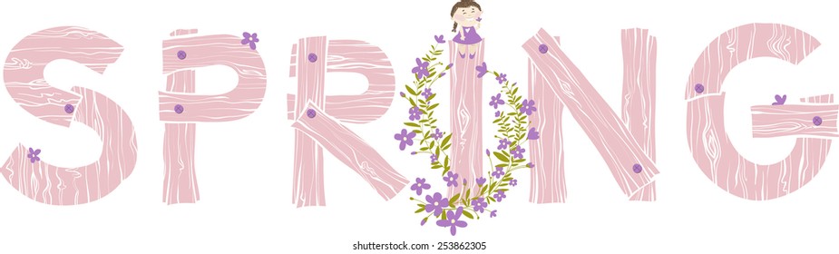 Hand-drawn wooden word SPRING with little girl sitting on letter I and violet spring flowers