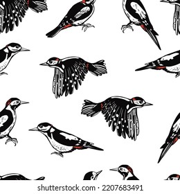 Hand-drawn woodpecker. Vector  seamless pattern.