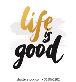 Hand-drawn word "enjoy life" in gold color. Inspirational quote handwritten with golden ink. Custom lettering for posters, t-shirts and greeting cards. 