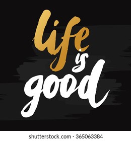 Hand-drawn word "enjoy life" in gold color. Inspirational quote handwritten with golden ink. Custom lettering for posters, t-shirts and greeting cards. 