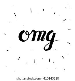 Hand-drawn word "omg" in black color. Handwritten lettering ink for posters and greeting cards. Vector calligraphy.Stylish vintage background with inspirational words. Isolated on white