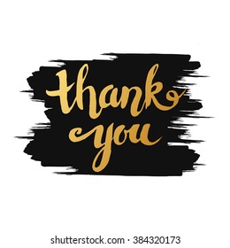 Hand-drawn word "thank you" in gold color.  Handwritten lettering with golden ink for posters and greeting cards. Vector calligraphy.