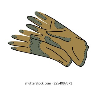 Hand-drawn work protective gloves for car mechanics, builders, and plant care. Repair, construction, and industrial concept. Flat minimalist vector icon of work wear. Mitten symbols and hand tools.