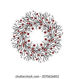 Handdrawn wreath, black and red isolated on white background. Vector illustration.