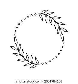 Hand-drawn wreath with circles and white background. Black plant doodle wreath.