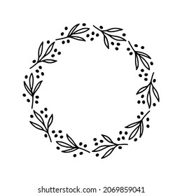 Hand-drawn wreath with dots. Black plant doodle wreath for Christmas decoration.