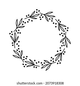 Hand-drawn wreath with dots. Black plant doodle wreath for Christmas decoration.