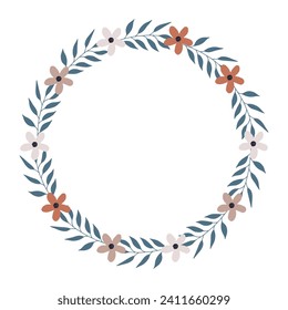 Hand-drawn wreath of flowers and plant branches on a white background. Natural spring frame. Vector frame made of hand-drawn branches and flowers.