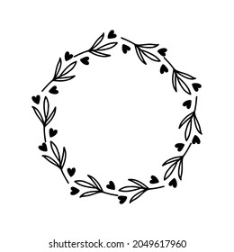Hand-drawn wreath with hearts. Black plant doodle wreath.
