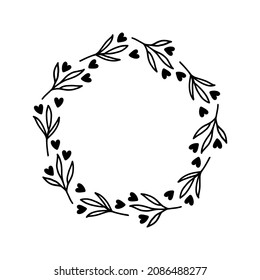 Hand-drawn wreath with hearts. Black plant doodle wreath.