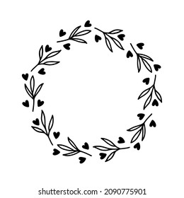 Hand-drawn wreath with hearts. Black plant doodle wreath.