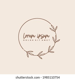 Hand-drawn wreath logo. Botanical label for packaging. Herbal wreath emblem wedding design.