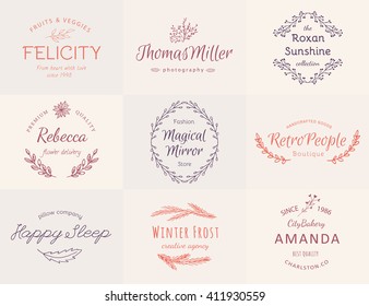 Hand-Drawn wreath logo set and template for frame, logo design, wedding invitations (save date), invitation, scrap-booking