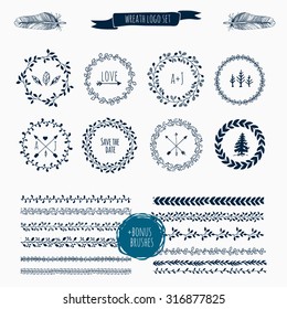 Hand-Drawn wreath logo set and vector brush collection, and template for frame, logo design, wedding invitations (save date), invitation, scrap-booking