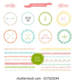 Hand-Drawn wreath logo set and vector brush collection, and template for frame, logo design, wedding invitations (save date), invitation, scrapbooking
