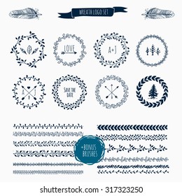 Hand-Drawn wreath logo set and vector brush collection, and template for frame, logo design, wedding invitations (save date), invitation, scrapbooking
