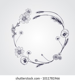 Handdrawn wreath made in vector. Unique decoration for greeting card, wedding invitation, save the date