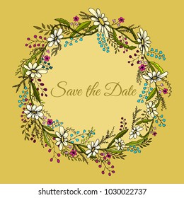 Handdrawn wreath made in vector. Unique decoration for greeting card, wedding invitation, save the date. Summer flowers with space for your text.