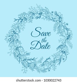 Handdrawn wreath made in vector. Unique decoration for greeting card, wedding invitation, save the date. Summer flowers with space for your text.