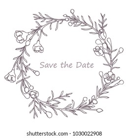 Handdrawn wreath made in vector. Unique decoration for greeting card, wedding invitation, save the date. Summer flowers with space for your text.
