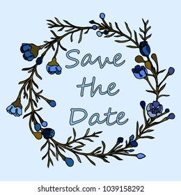 Handdrawn wreath made in vector. Unique decoration for greeting card, wedding invitation, save the date. Summer flowers with space for your text.